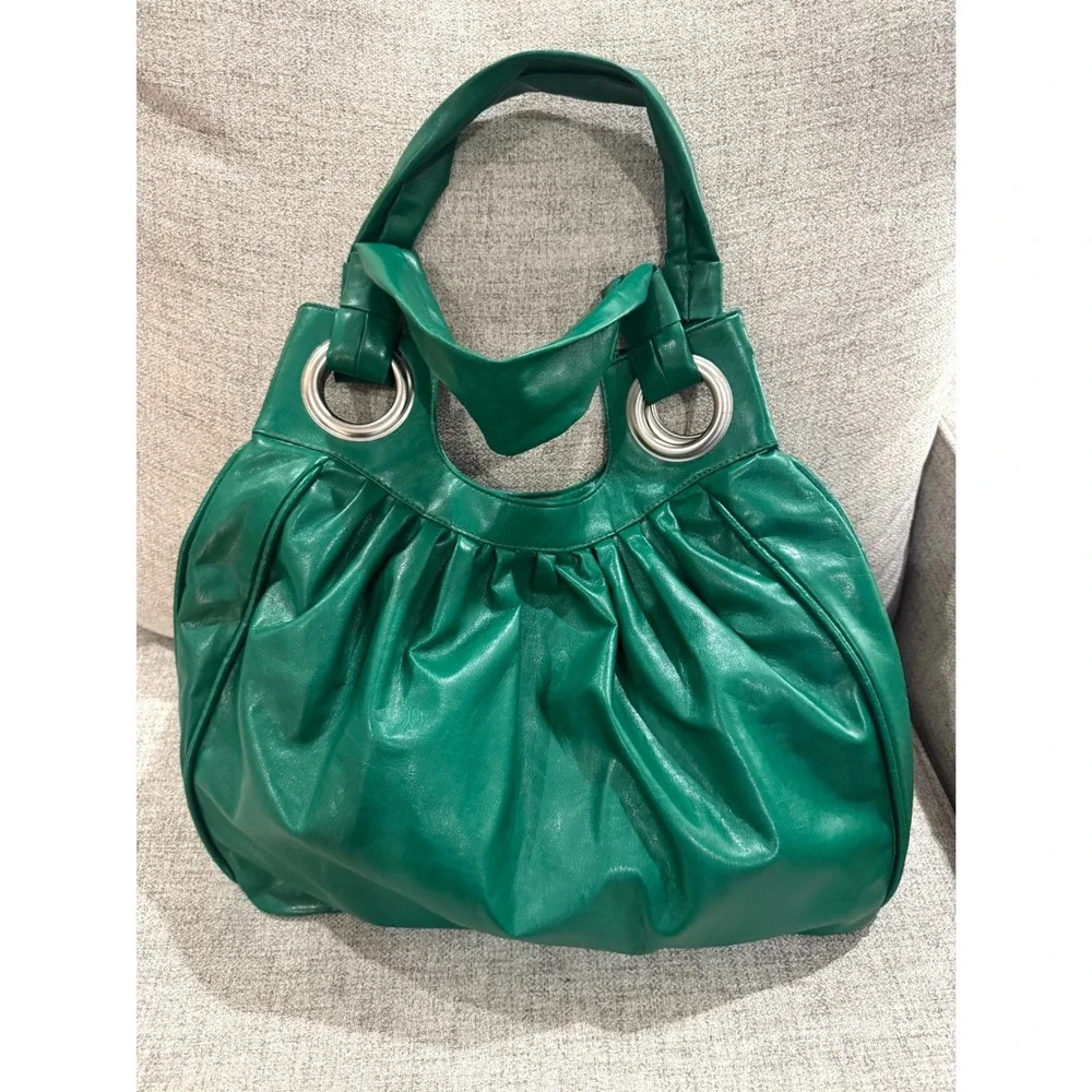 VTG Mirror Mirror Emerald Green PVC Grommet Slouchy Hobo Bag